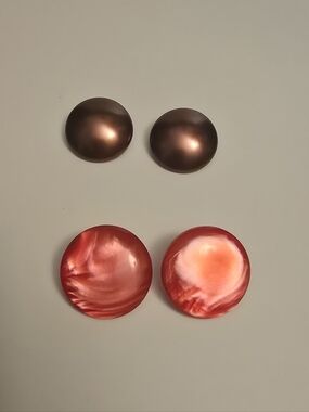 Classic Round Clip On Earrings, Brown and Red Button Earrings - Set of 2 Pairs